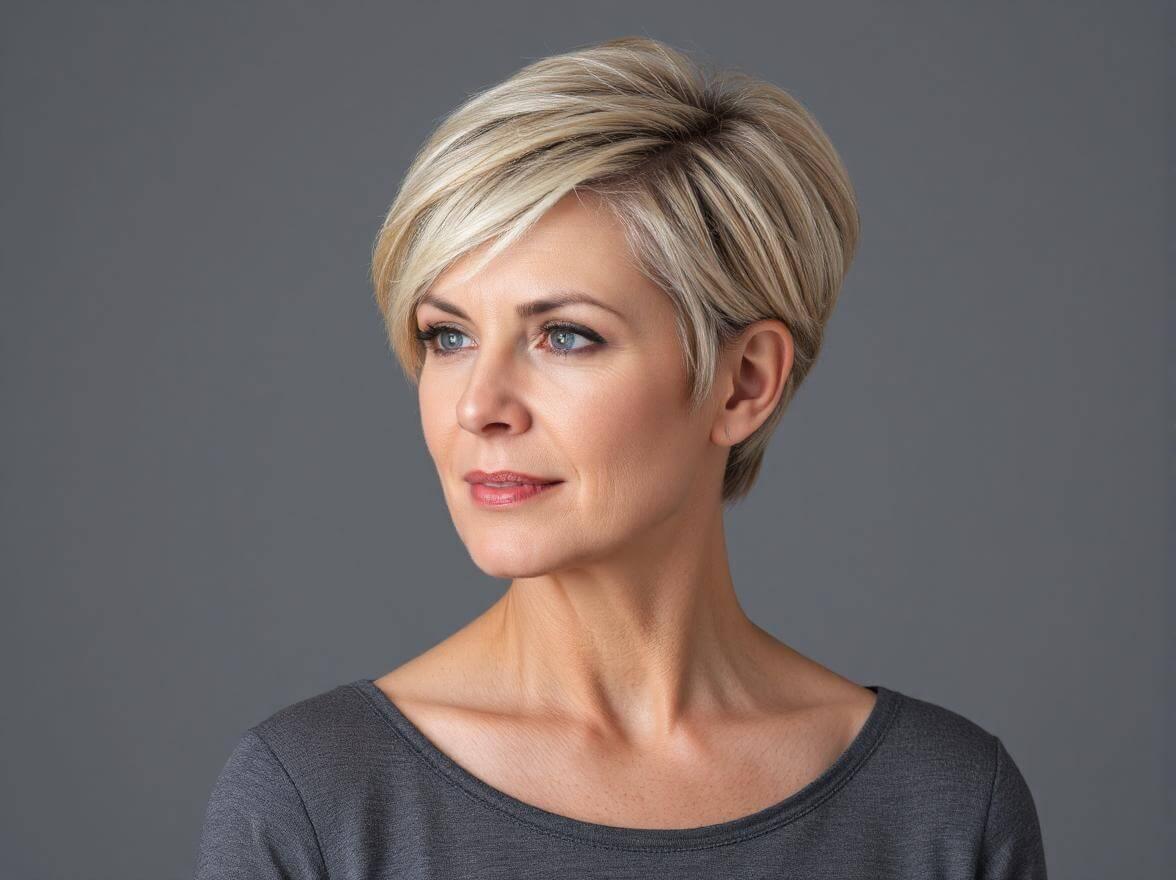 Strak gestylede blonde pixie met zijscheiding