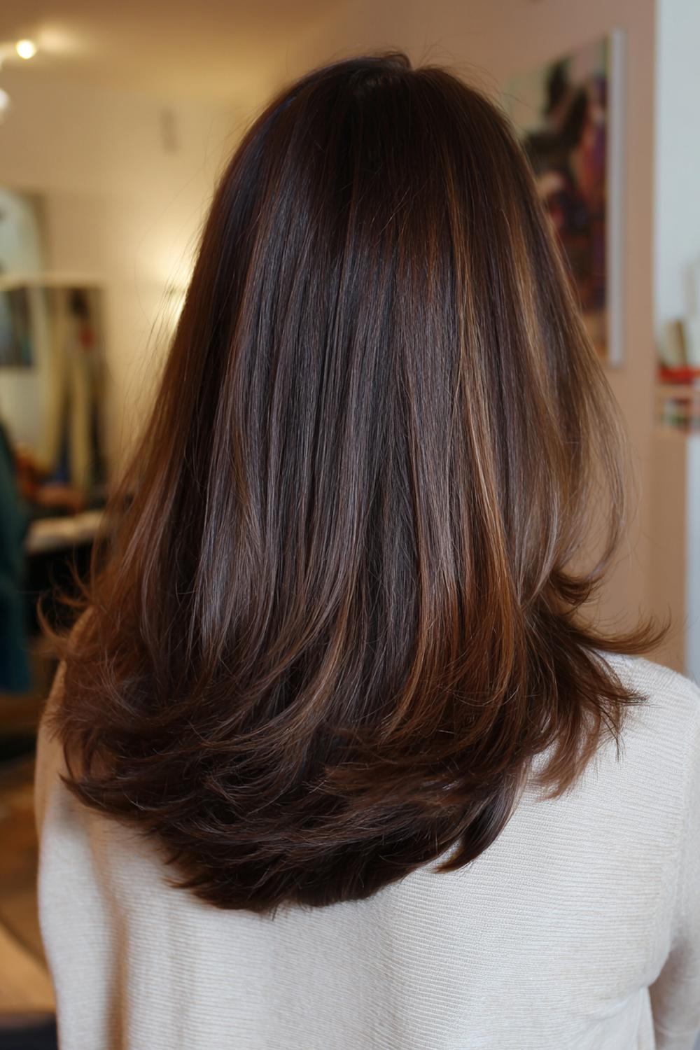 12. Tijdloze schouderlange snit met subtiele highlights en een zachte midden scheiding