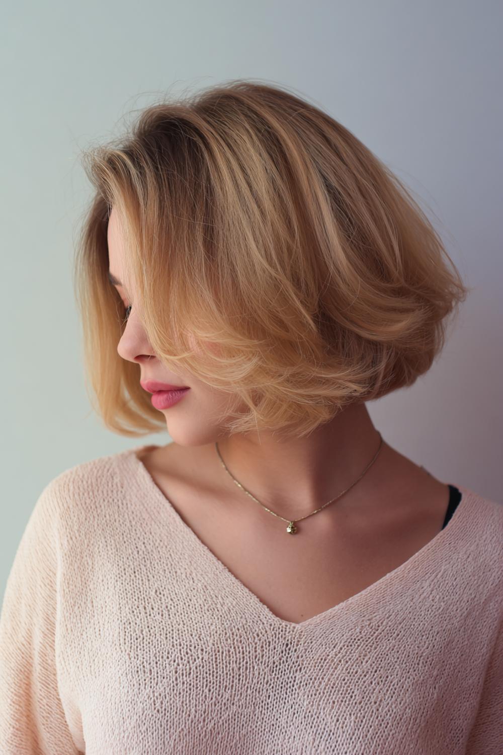 2. Tijdloze bob met kaaklijnlaagjes en ingetogen volume bij de kruin