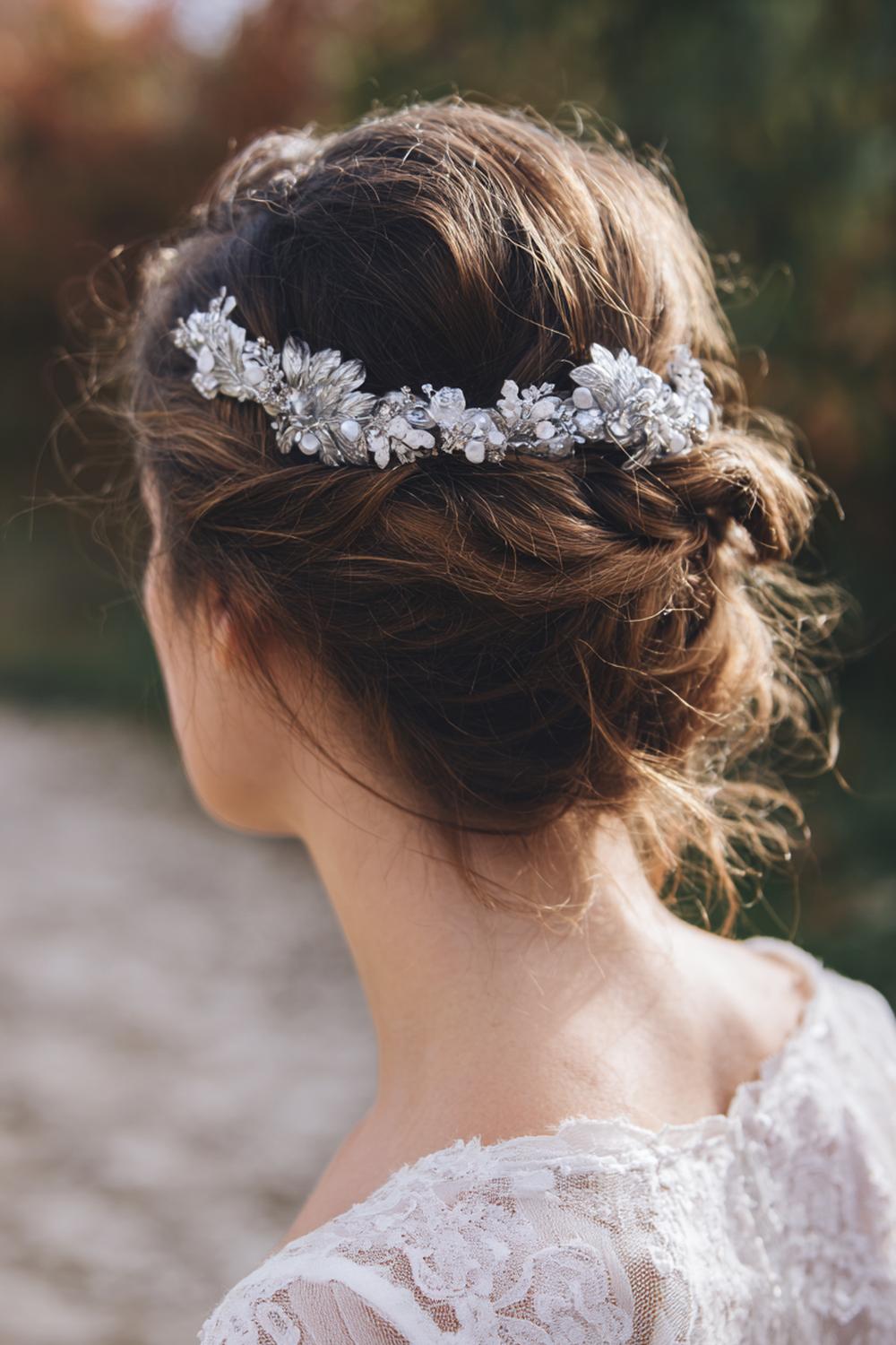 21. Tijdloze vlechtkroon met zilveraccenten en losse, romantische textuur