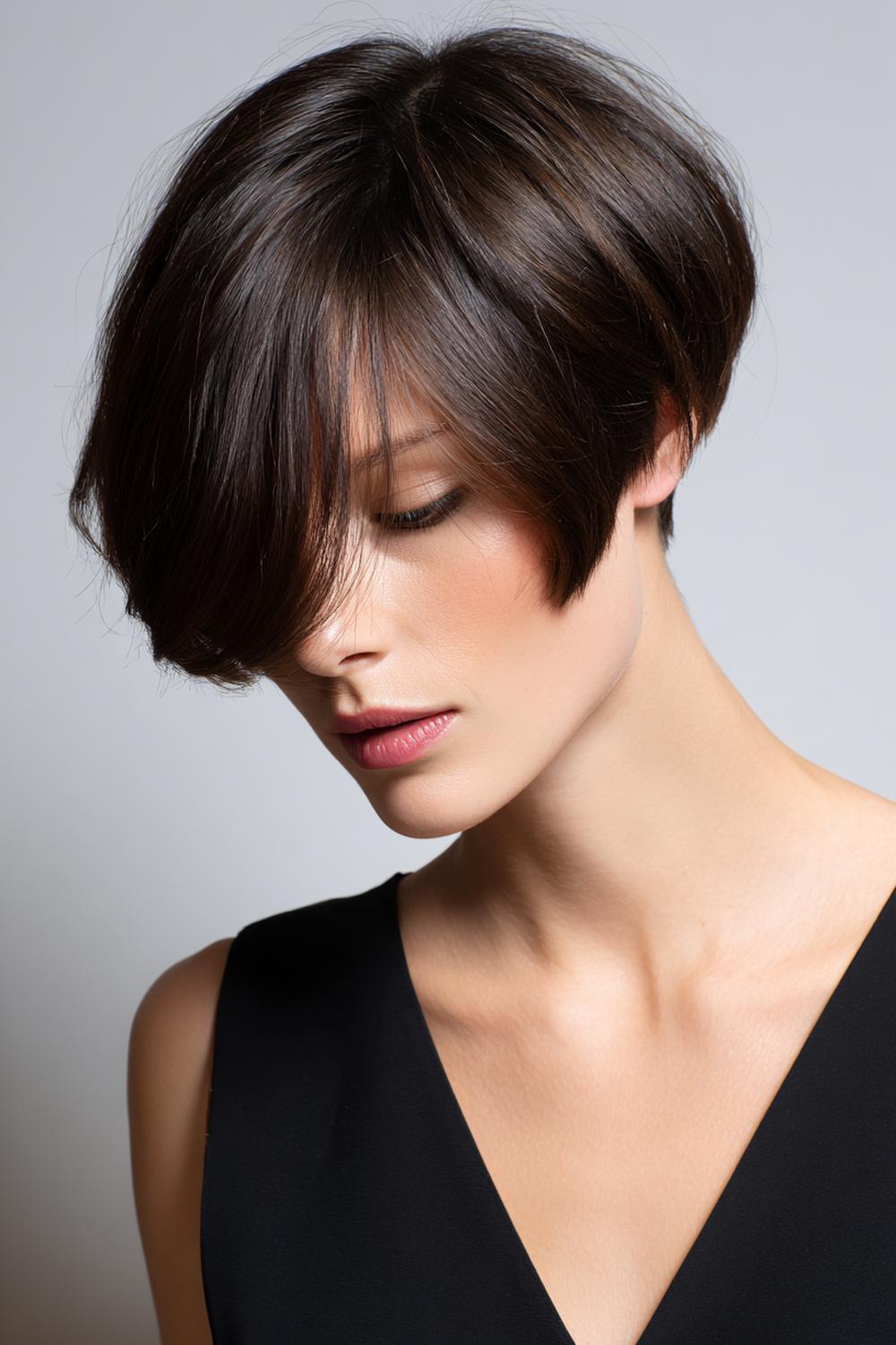 24. Tijdloze korte coupe met zachte pony en elegante, afgeronde slapen