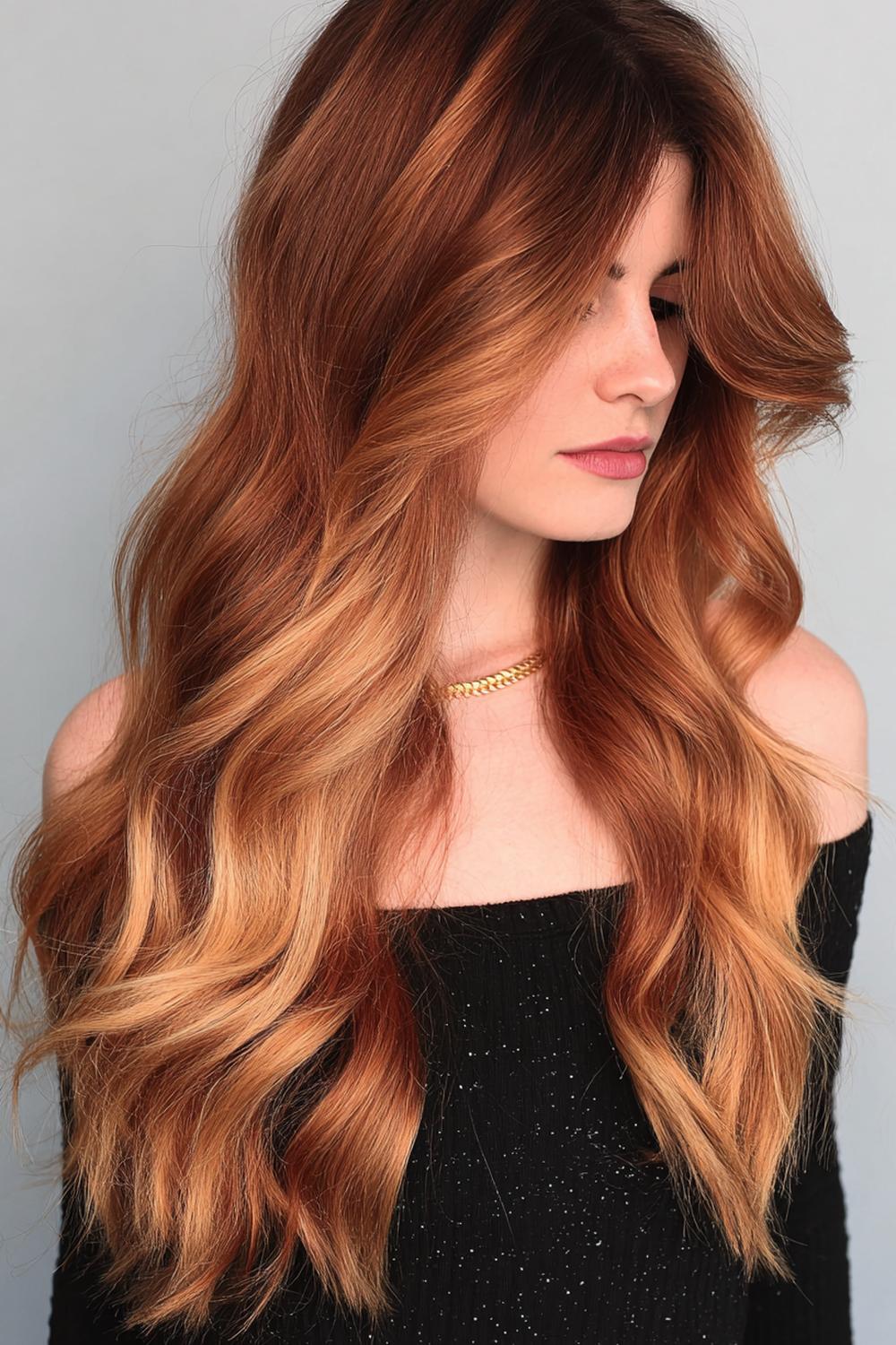 10. Trendy Haarideeën 2026: Koperbalayage met warme face-framing lokken