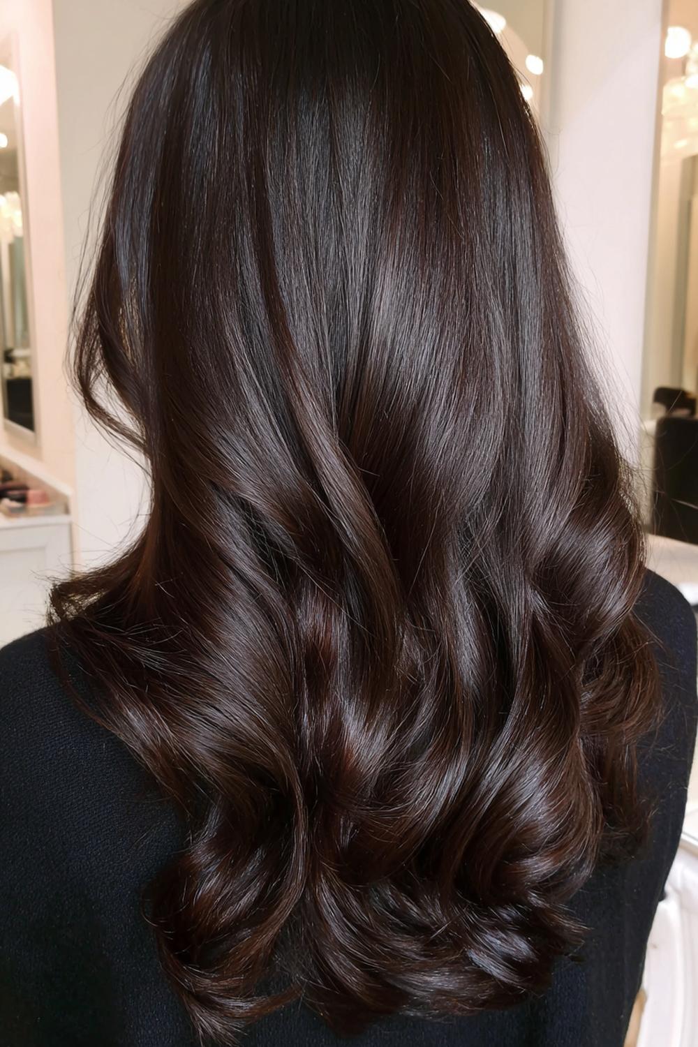 11. Trendy Haarideeën 2026: Espresso brunette met spiegelglans en zachte lagen