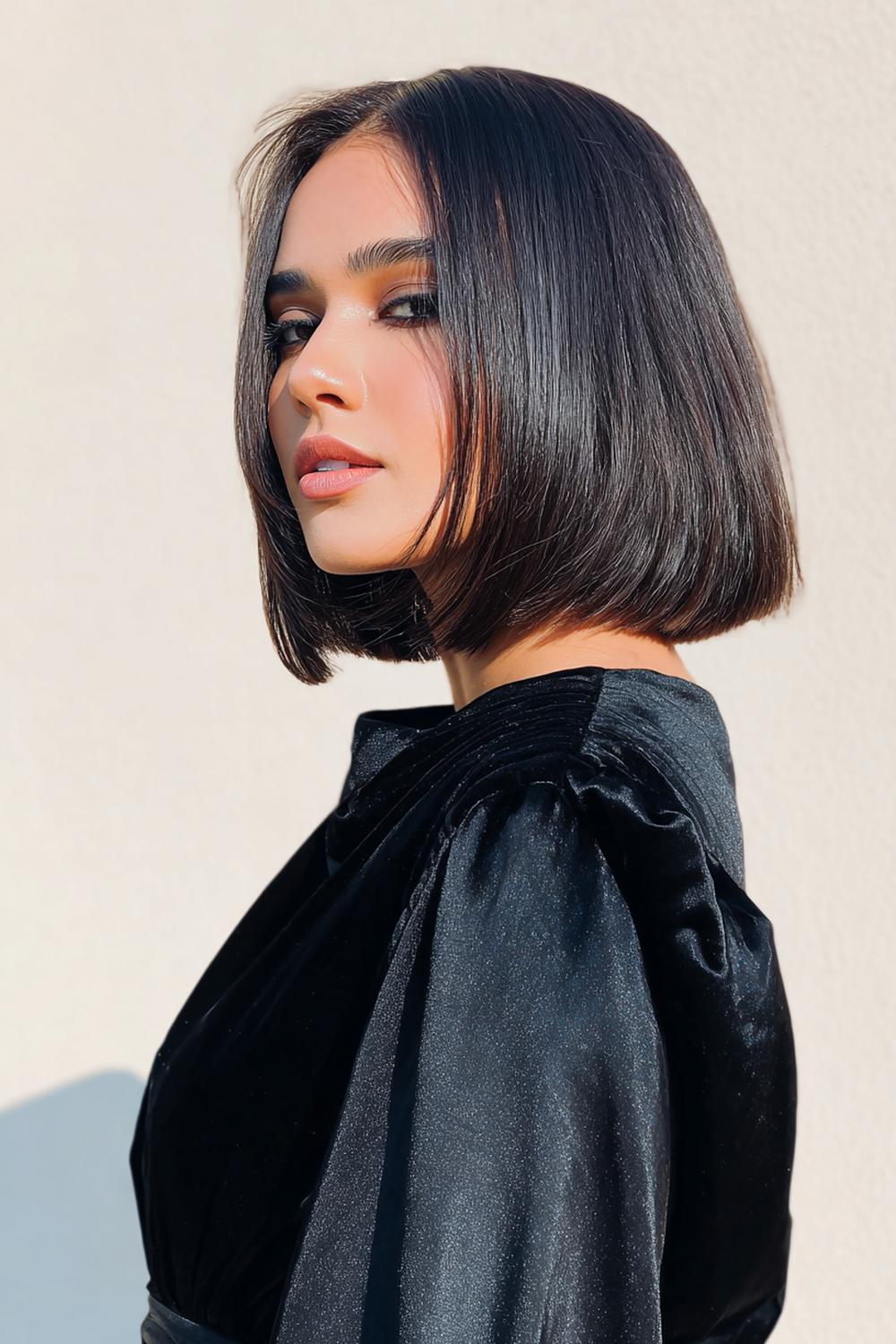 14. Trendy Haarideeën 2026: Glanzende zwarte bob met diepe zijscheiding