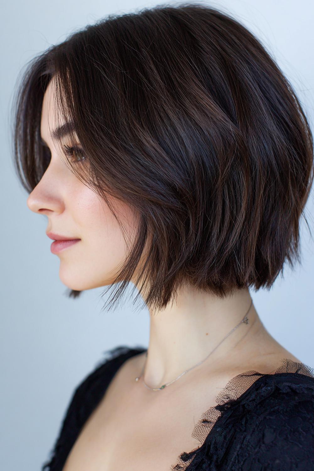 8. Trendy Haarideeën 2026: Micro-bob met grafische contour en glanslijn