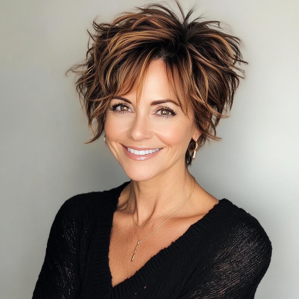 Trendy korte bruine pixie bob voor vrouwen boven 50