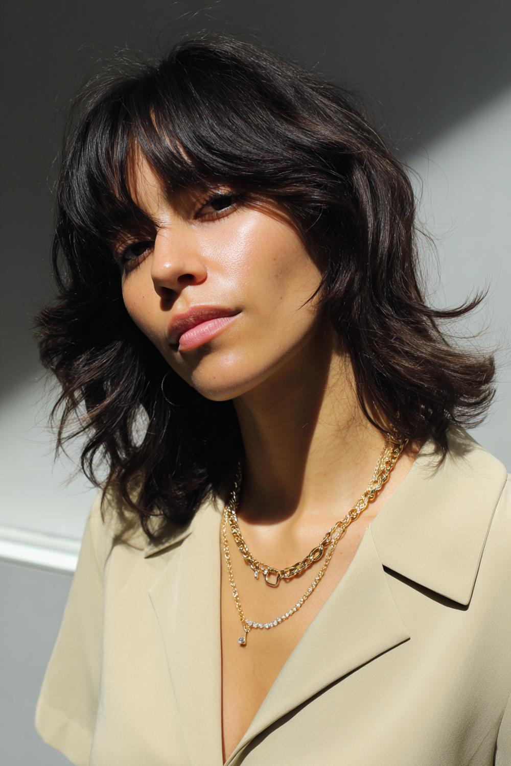 14. Verjongende kapsels voor vrouwen: collarbone cut met zachte S-waves en lichte money pieces