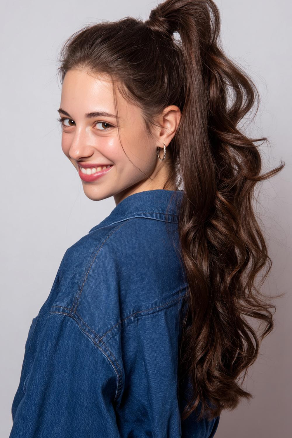 18. Verjongende kapsels voor vrouwen: hoge paardenstaart met volume bij de haarlijn en gladde lengtes