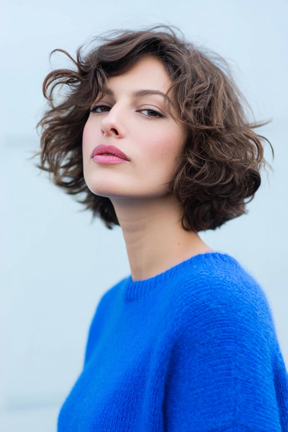 7. Verjongende kapsels voor vrouwen: krullende bob met volume bij de kruin en luchtige plukjes