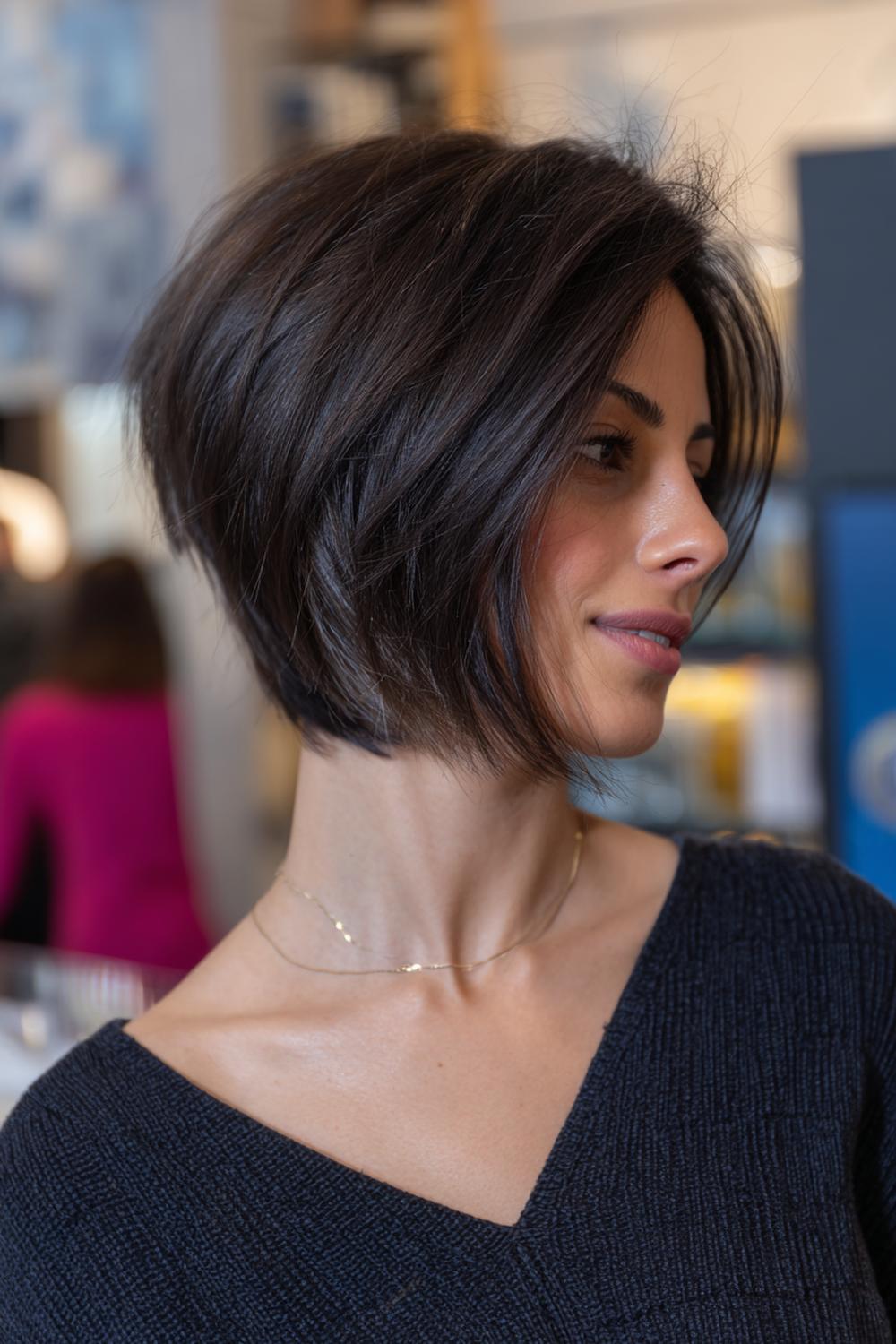 9. Verjongende kapsels voor vrouwen: asymmetrische bob met langere voorkant en strakke nek