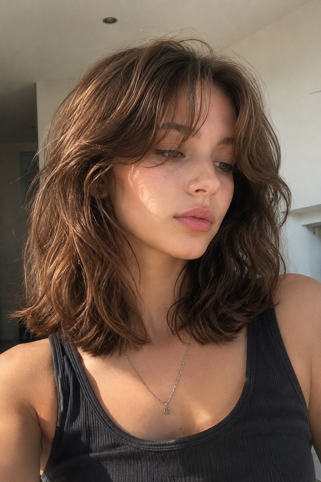 Tousled wolf cut met beachy golven en losse curtain bangs voor een ongedwongen uitstraling