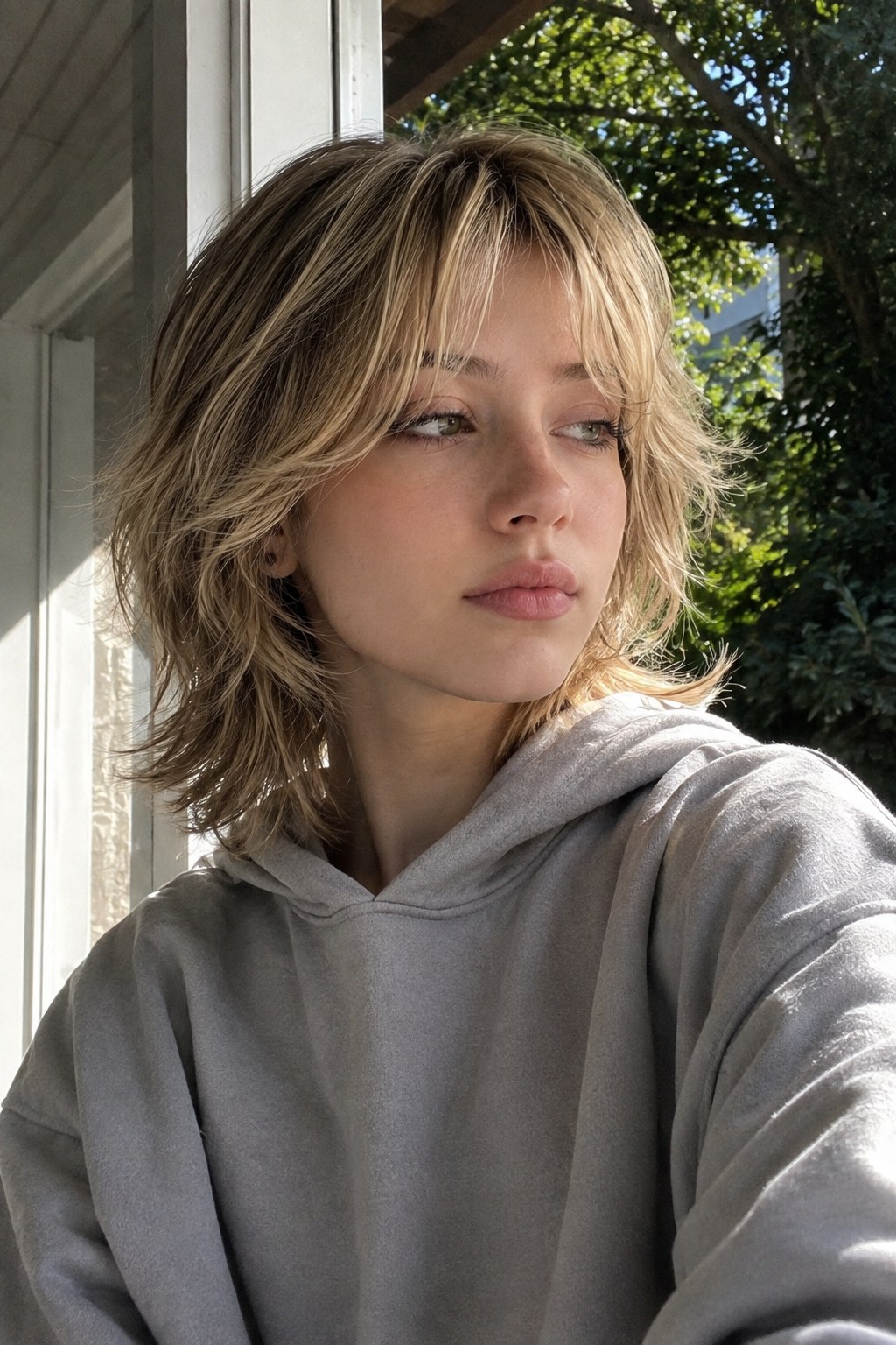 Korte wolf bob met choppy laagjes en korte pony in lichtblond haar bij daglicht