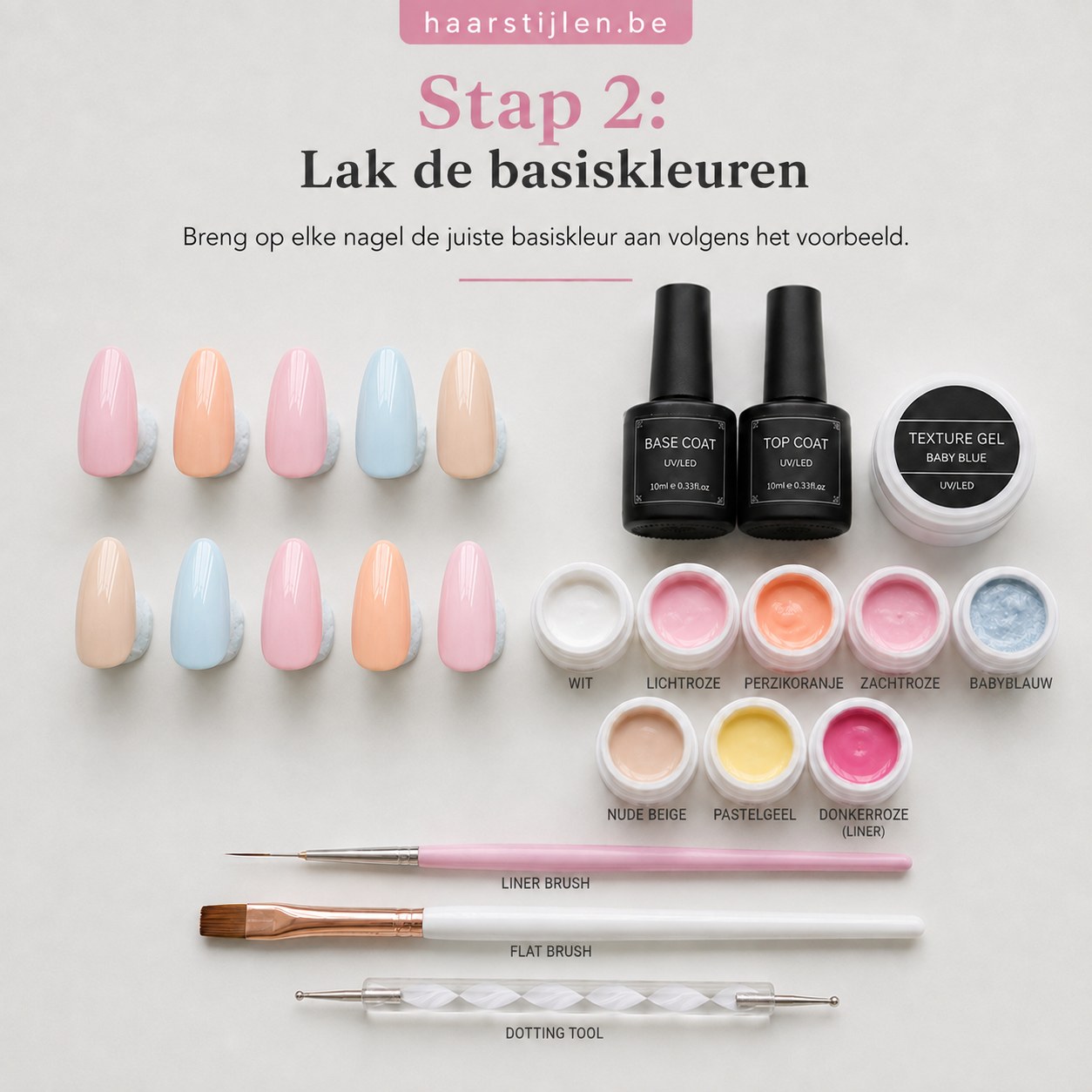 Tien nageltips met pastelkleurige basislagen voor zomer nagels strand, van lichtroze tot babyblauw