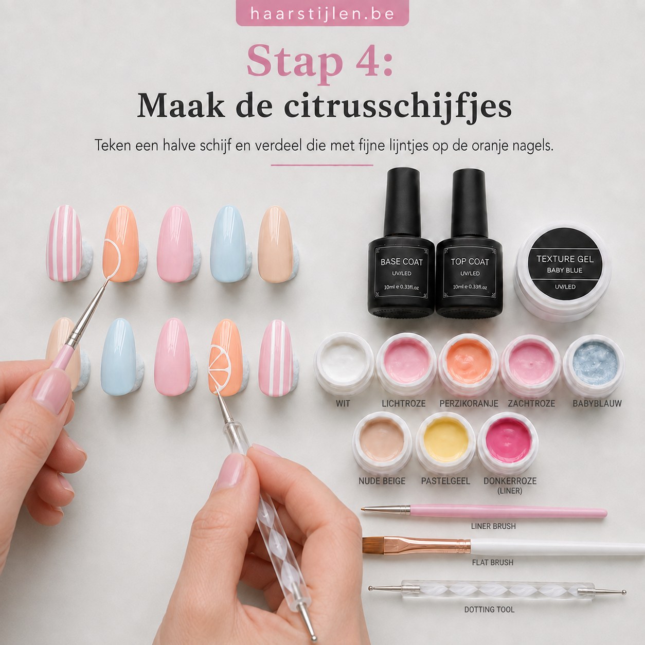 Hand tekent citrusschijfjes met liner brush op perzikoranje nagels tijdens de nail art tutorial