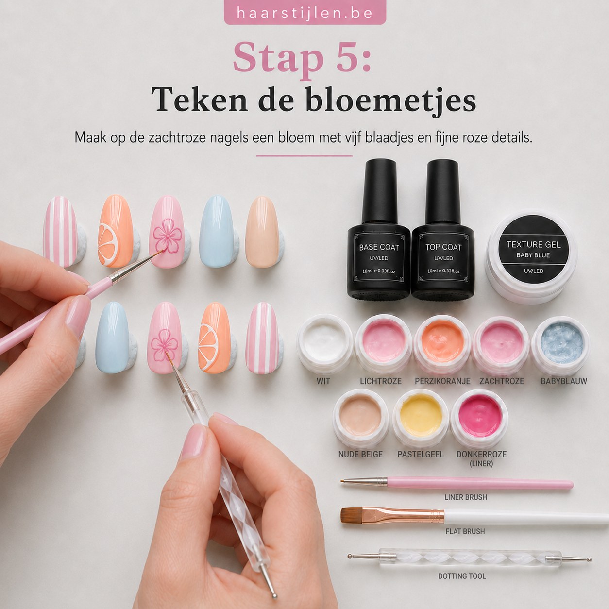 Bloemetje met vijf blaadjes en roze details geschilderd op zachtroze nagel voor zomerse look