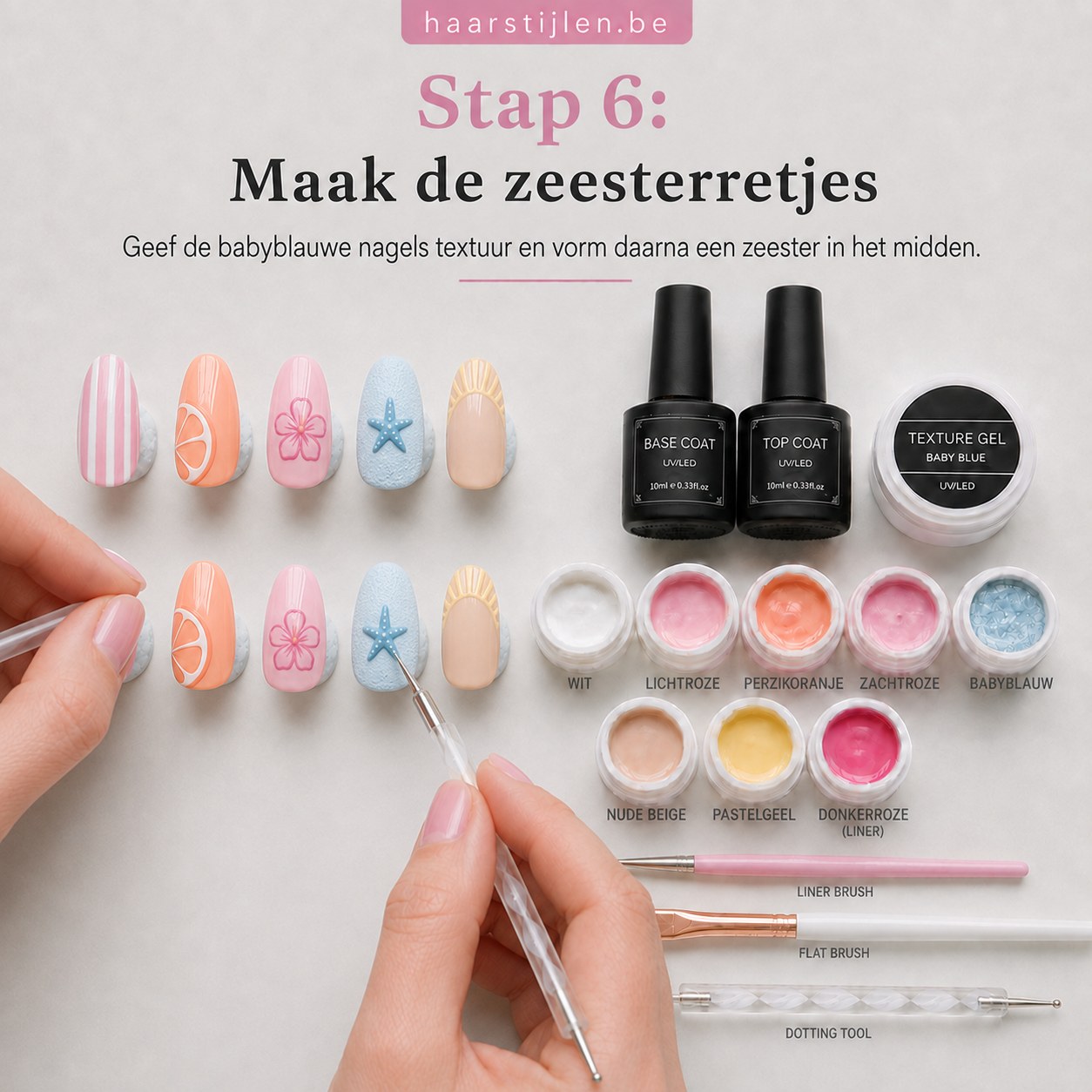 Textuurgel en zeesterretje aangebracht op babyblauwe nagel als onderdeel van zomer nagels strand